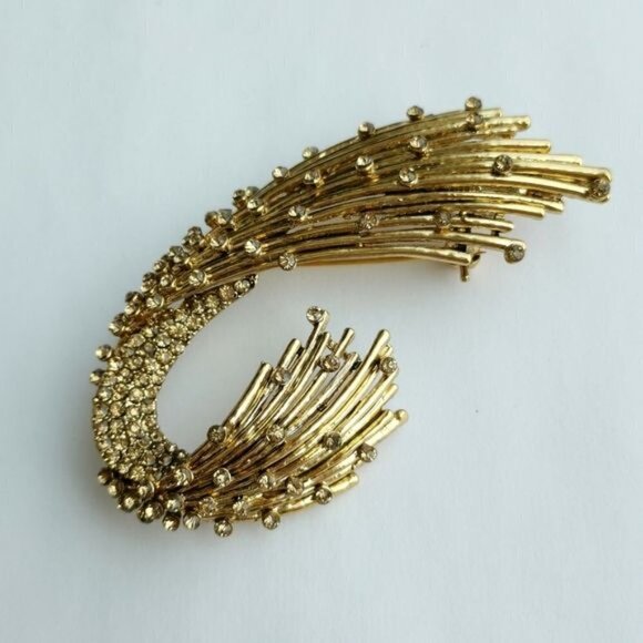 VINTAGE mid century gold tone Crystal brooch pin - Picture 7 of 7